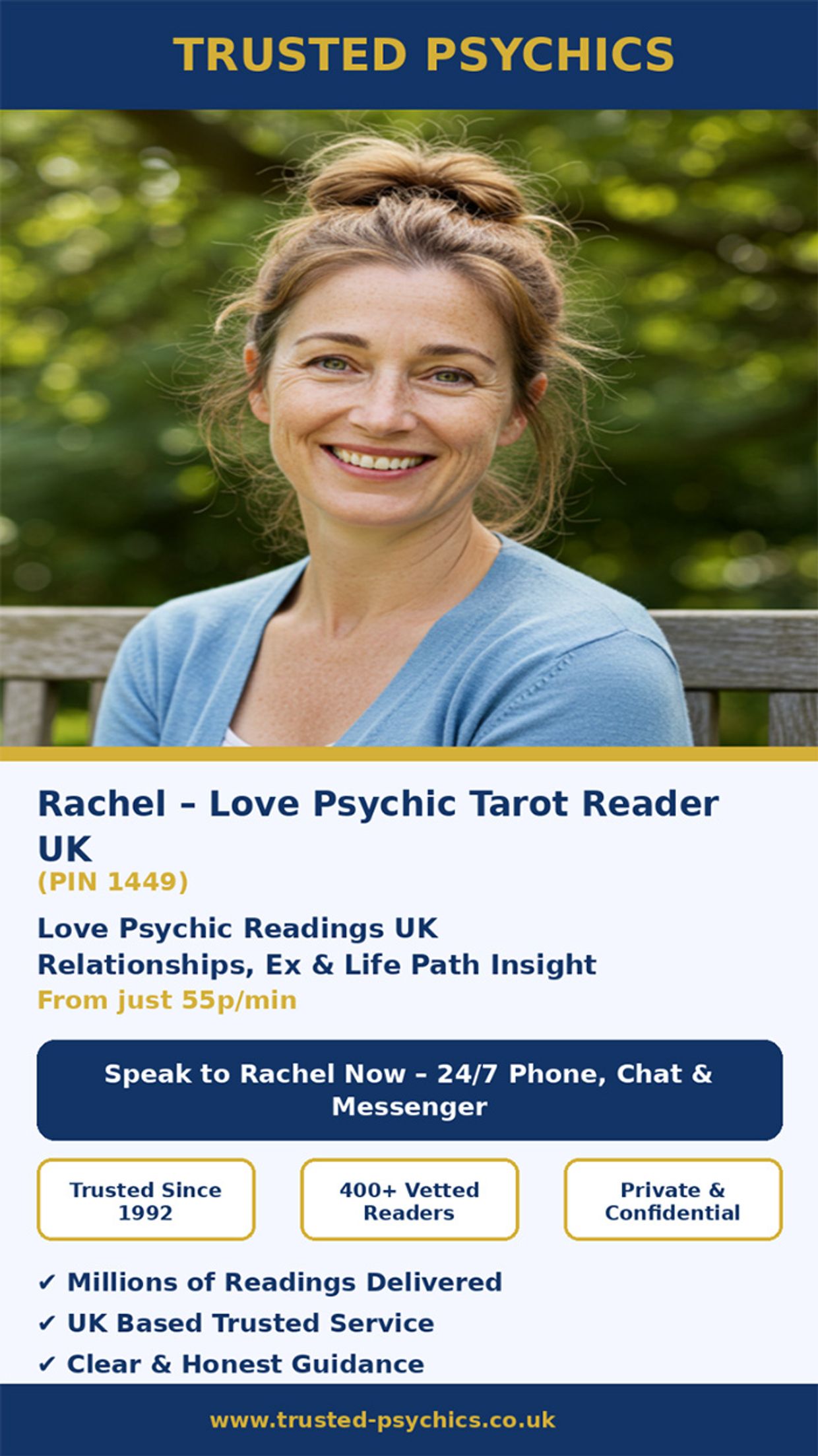 Rachel Psychic Tarot Reader UK (PIN 1449) | Love, Ex & Insight