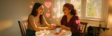 A psychic giving a love reading in her living room to a young lady.