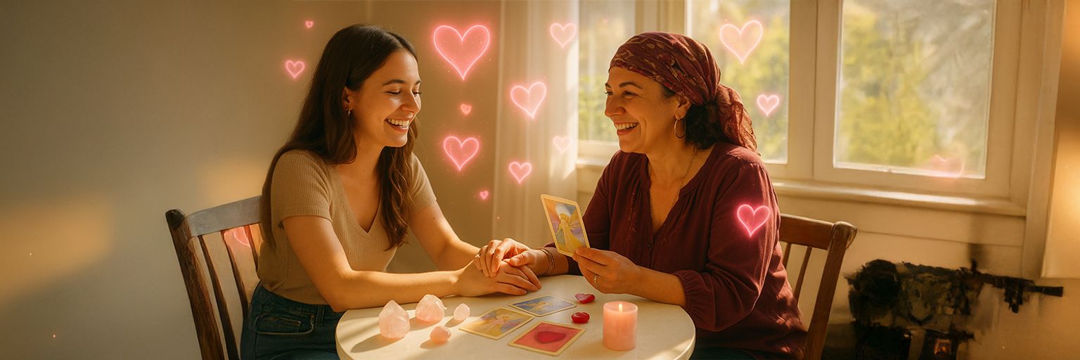 A psychic giving a love reading in her living room to a young lady.