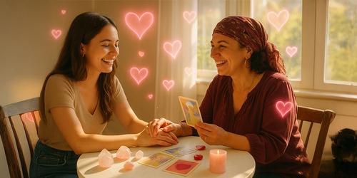 A psychic giving a love reading in her living room to a young lady.