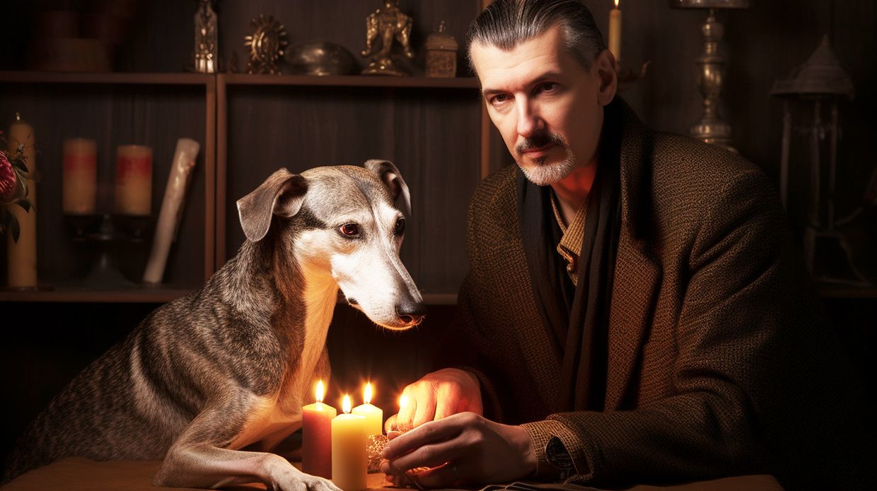 A male psychic reader sitting next to a Greyhound dog