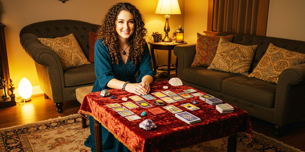 A friendly female psychic reading, sitting in her living room with her tarot cards and crystals.