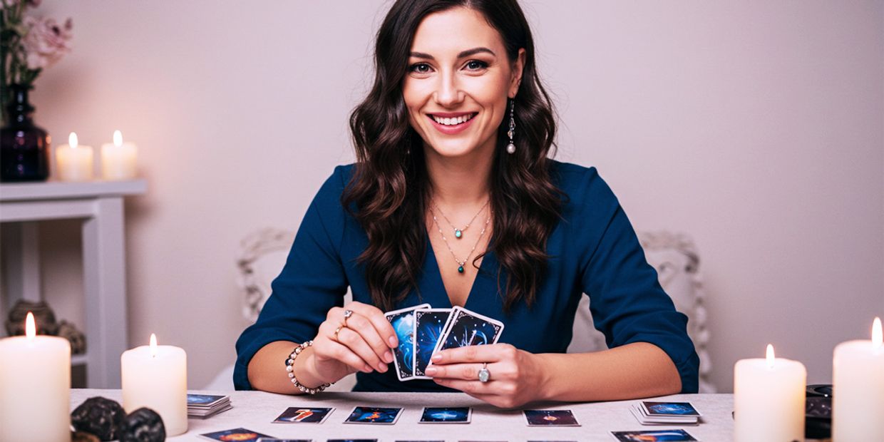 A psychic tarot reader, reading her tarot cards at her desk.