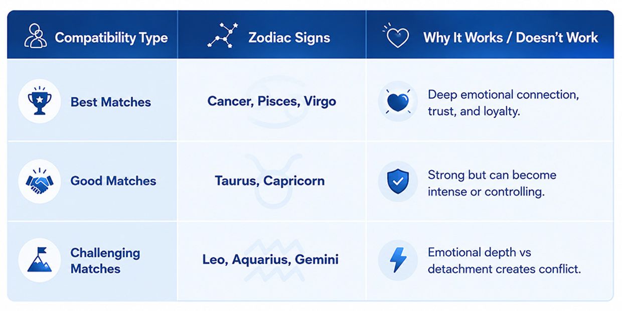 Who Is Scorpio Most Compatible With in Love and Relationships? Scorpio Compatibility Overview Infographic.