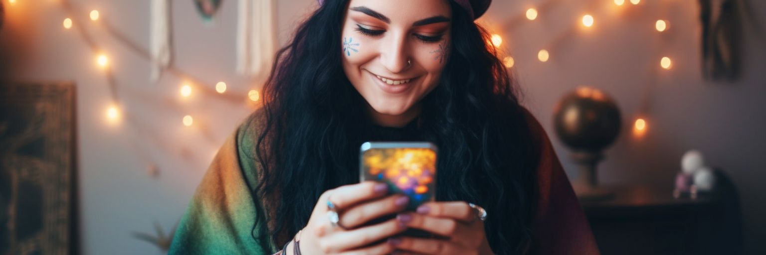 A psychic reader texting on her mobile phone