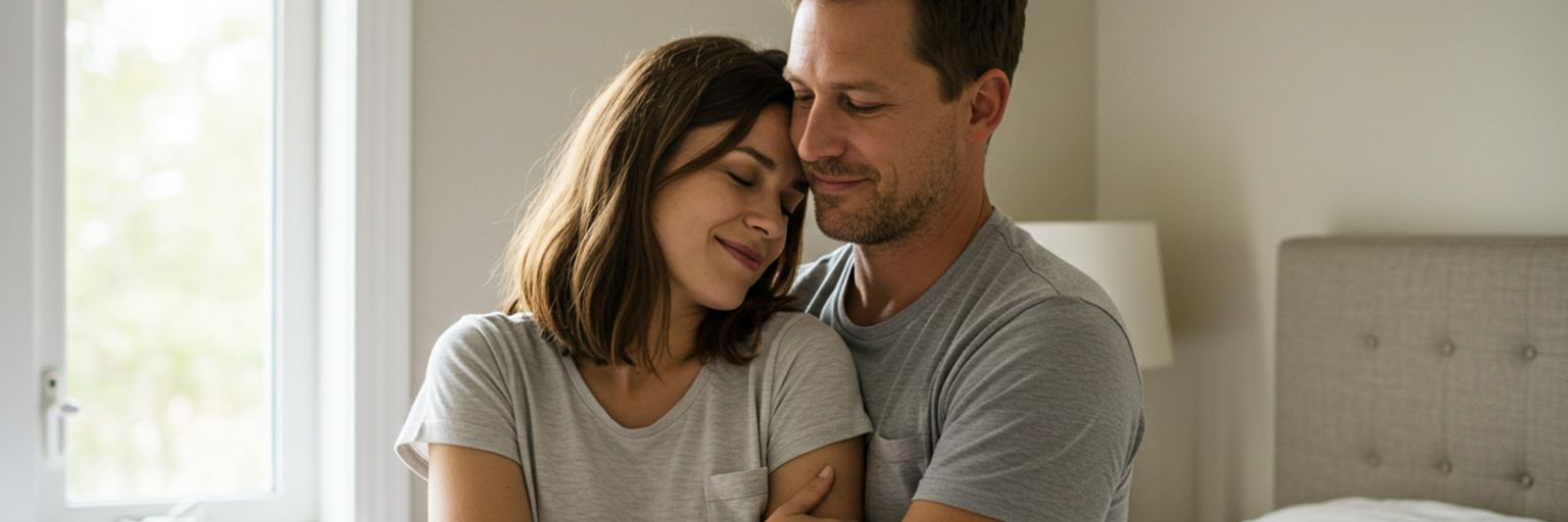 A couple in love embracing in their bedroom