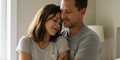A couple in love embracing in their bedroom