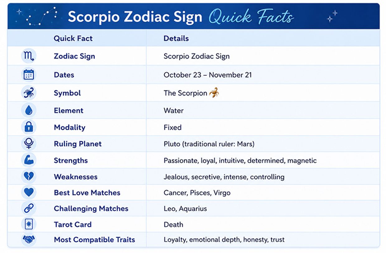 Who Is Scorpio Most Compatible With in Love and Relationships? Scorpio Zodiac Sign, Quick Facts Infographic.