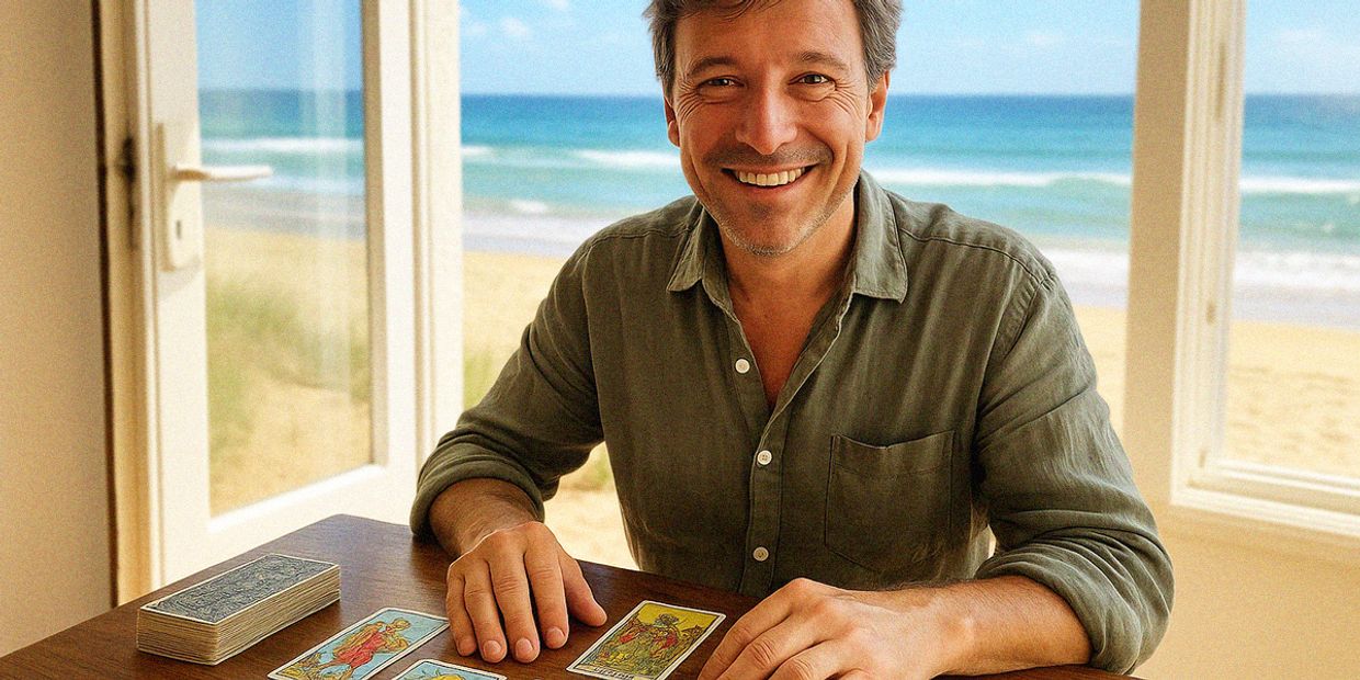 A male psychic reader doing a psychic tarot reading by the beach.