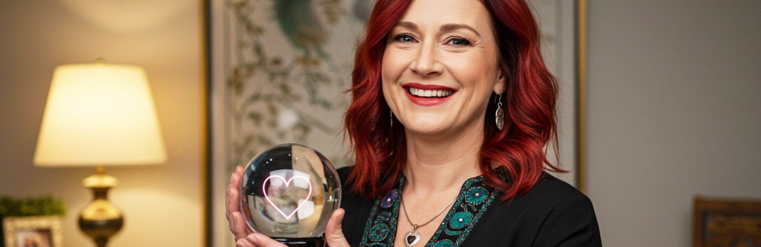 A psychic reader with red hair, holding a crystal ball.