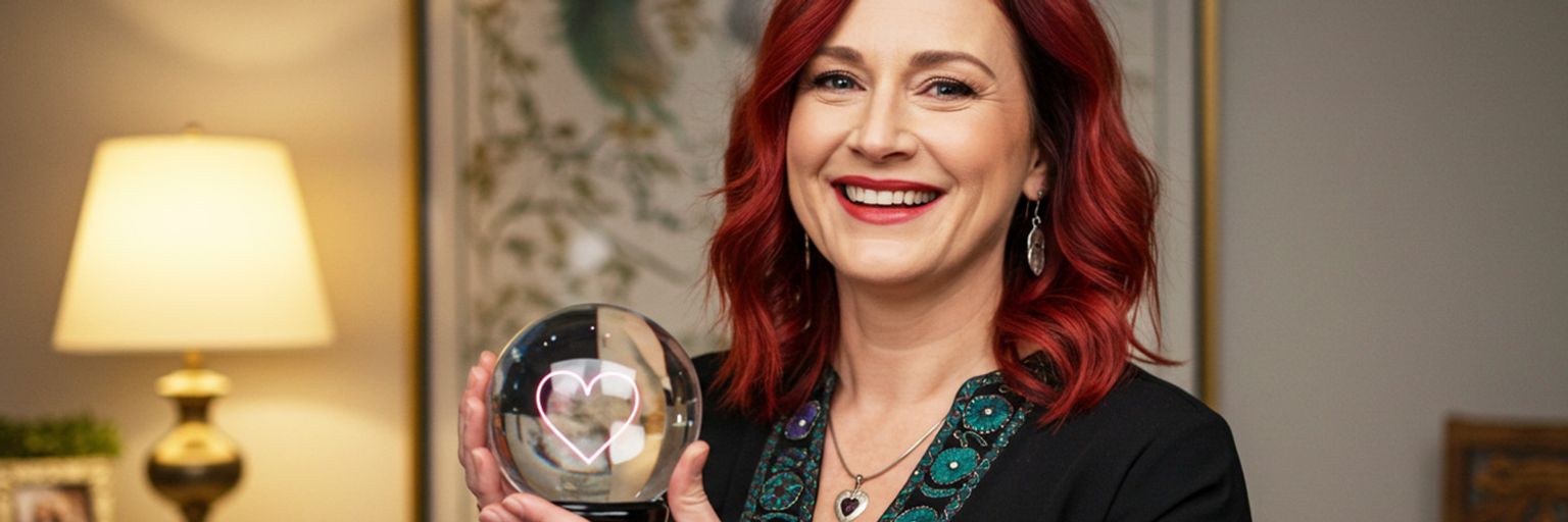 A psychic reader with red hair, holding a crystal ball.