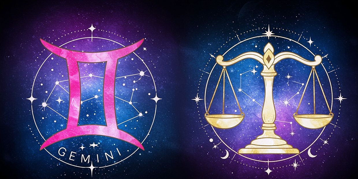 Illustrated Gemini and Libra zodiac symbols with celestial star maps, representing astrology compatibility and air-sign energy.