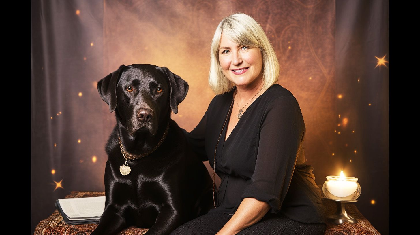 A female psychic reader sitting with her black dog