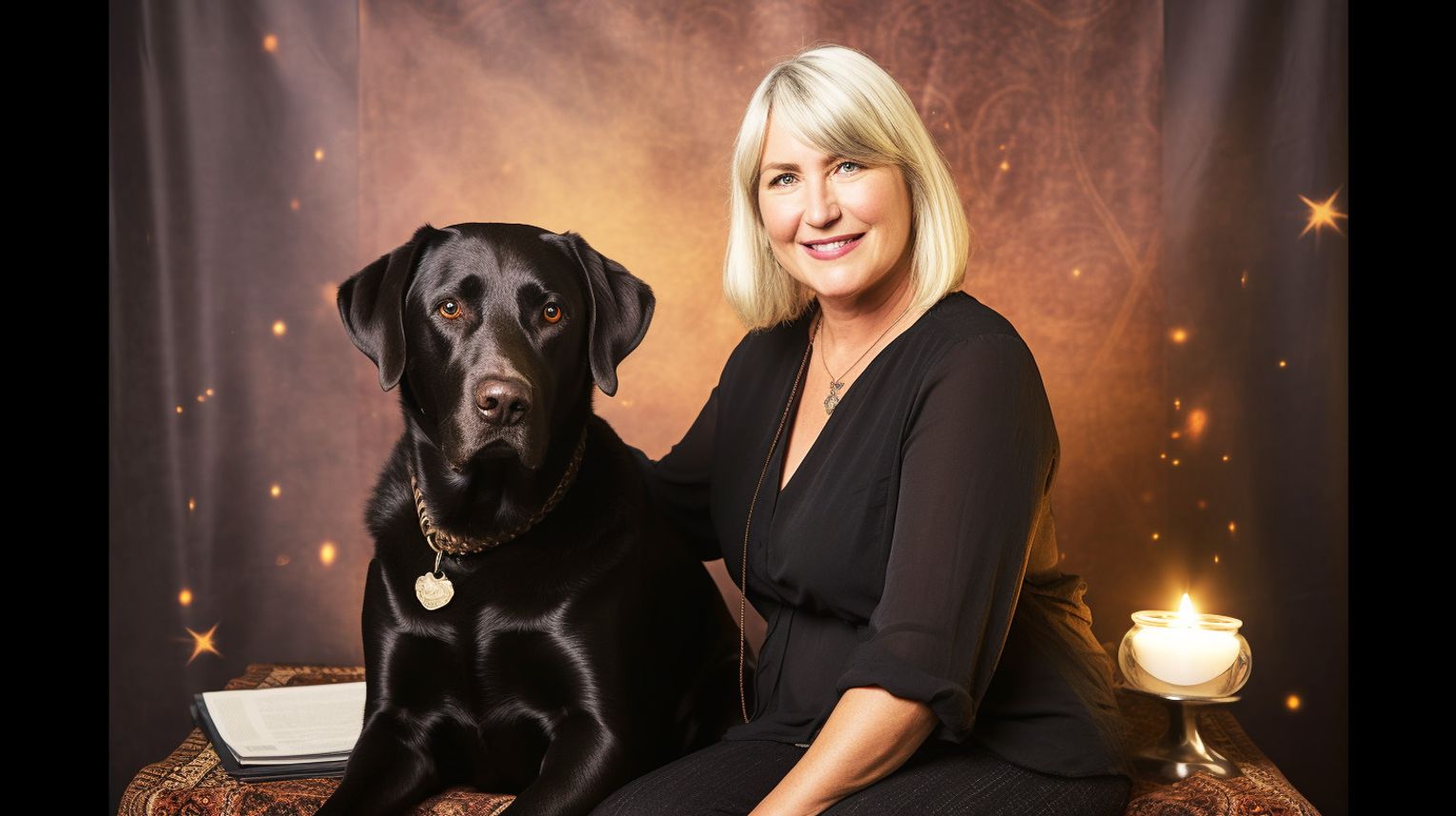 A female psychic reader sitting with her black dog