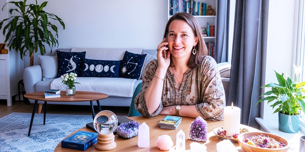 A psychic tarot reader conducting a psychic reading in her living room.