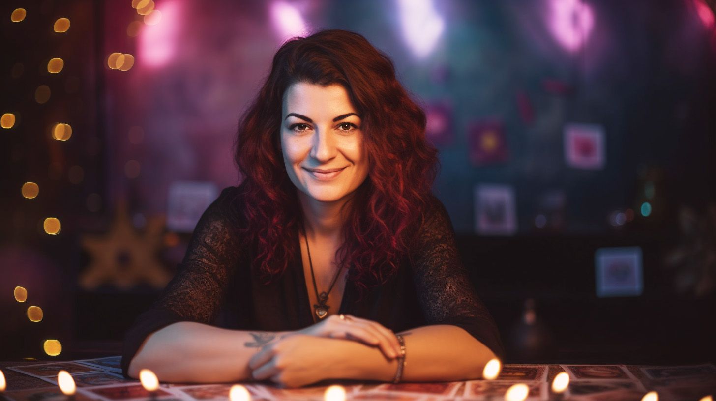 A Psychic Medium reader sitting at a table with Tarot cards
