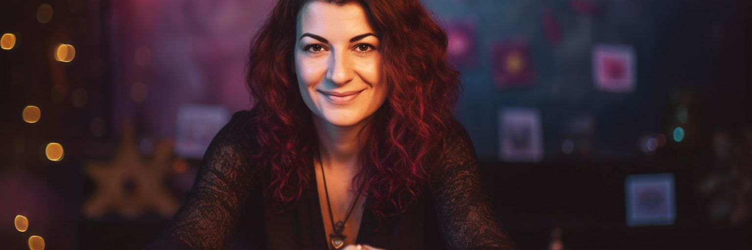A Psychic Medium reader sitting at a table with Tarot cards