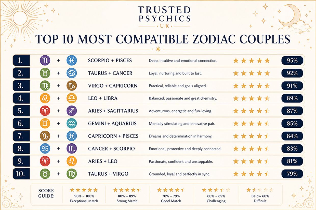 Top 10 Most Compatible Zodiac Couples - Trusted Psychics Infographic