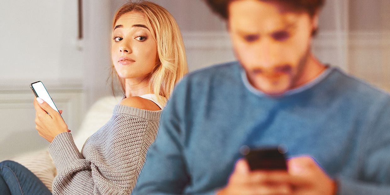 A concerned woman notices her partner's suspicious behaviour regarding his phone.