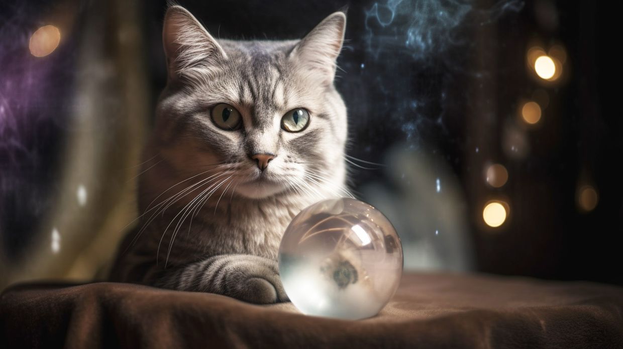 A cat sitting next to a crystal ball