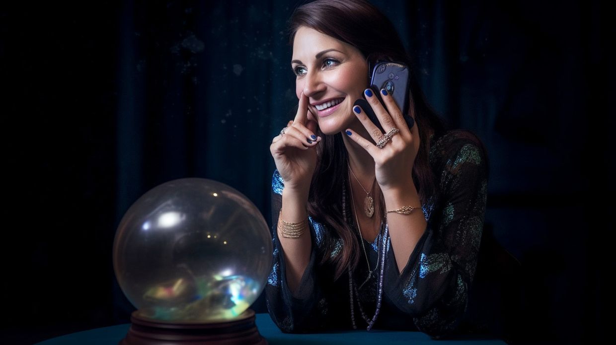 A psychic reader talking on the phone