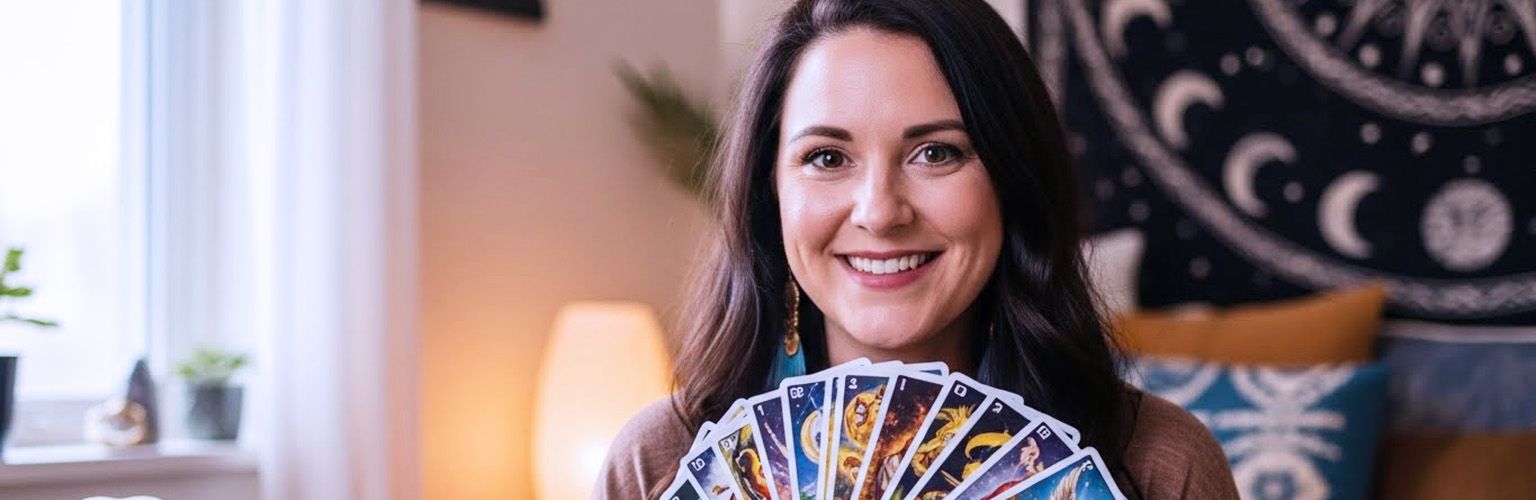 Smiling woman holding a fan of colourful tarot cards in a warm and spiritual room with candles and decor, symbolising intuitive psychic readings and positive customer experiences.