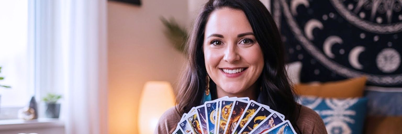 Smiling woman holding a fan of colourful tarot cards in a warm and spiritual room with candles and decor, symbolising intuitive psychic readings and positive customer experiences.