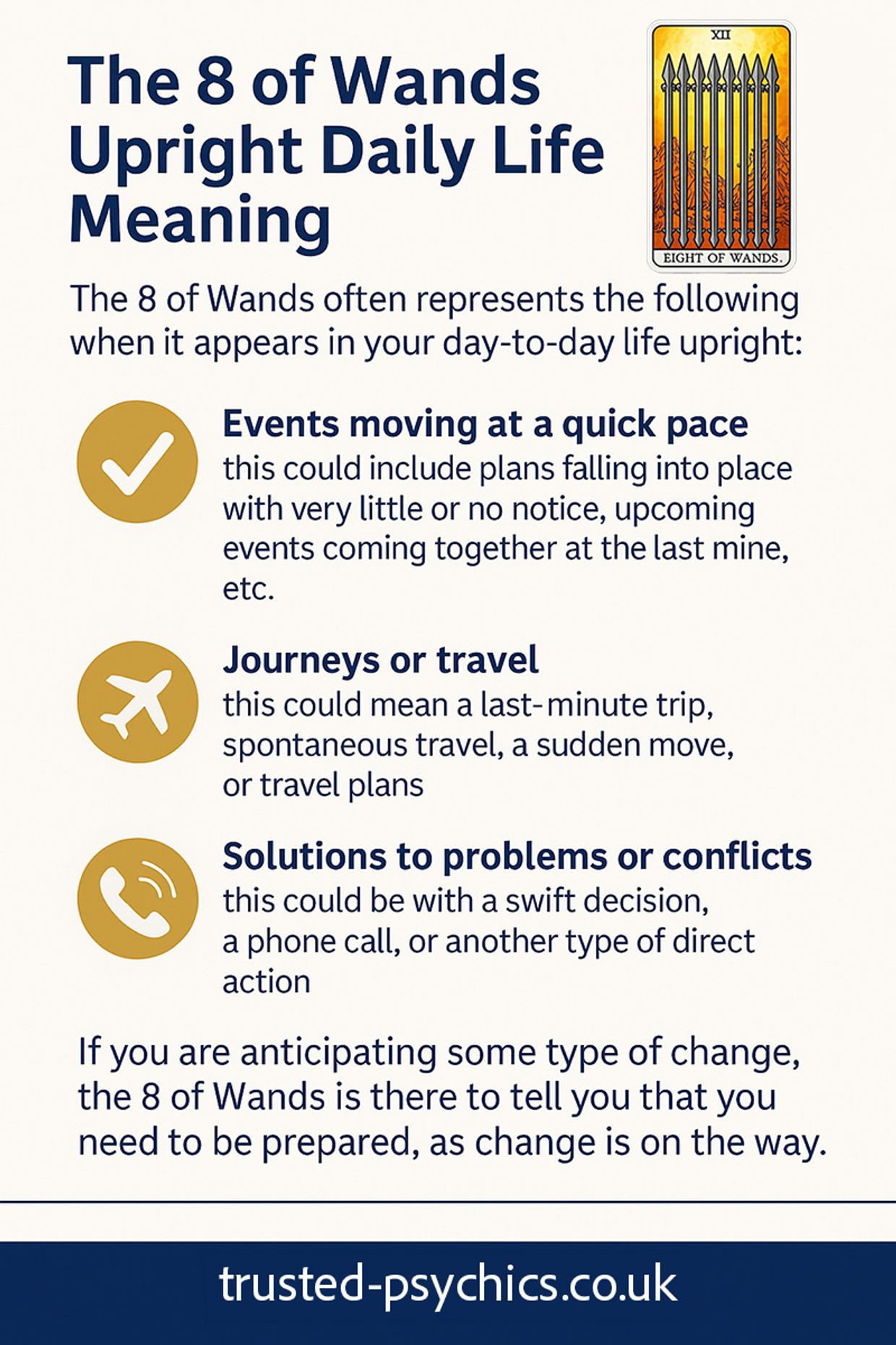 8 of Wands Tarot Card - Infographic