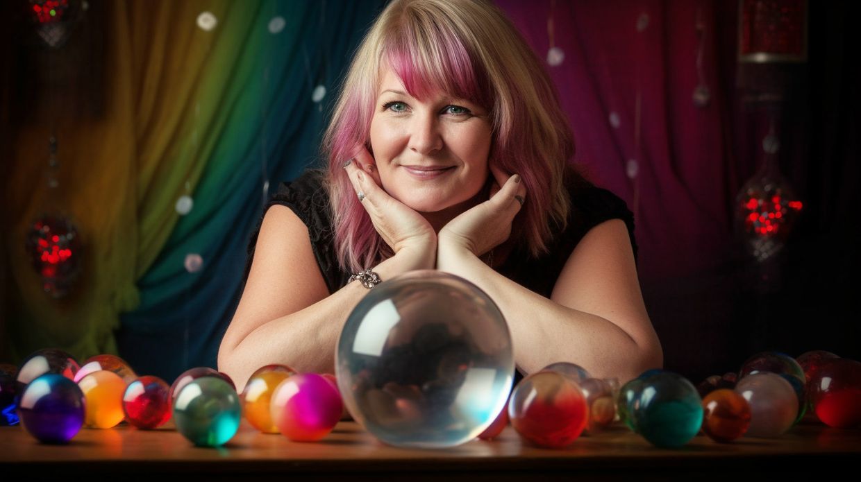 A psychic reader next to a crystal ball