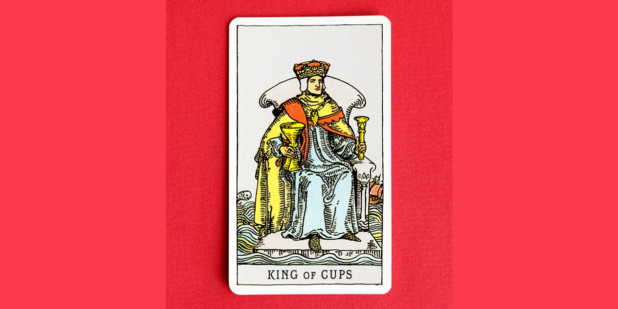 King of Cups Tarot Meaning - King of Cups Tarot card on a red background.