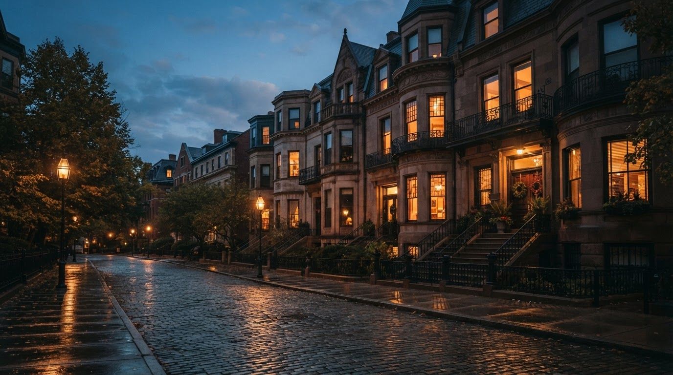 Historic Boston brownstone row at dusk