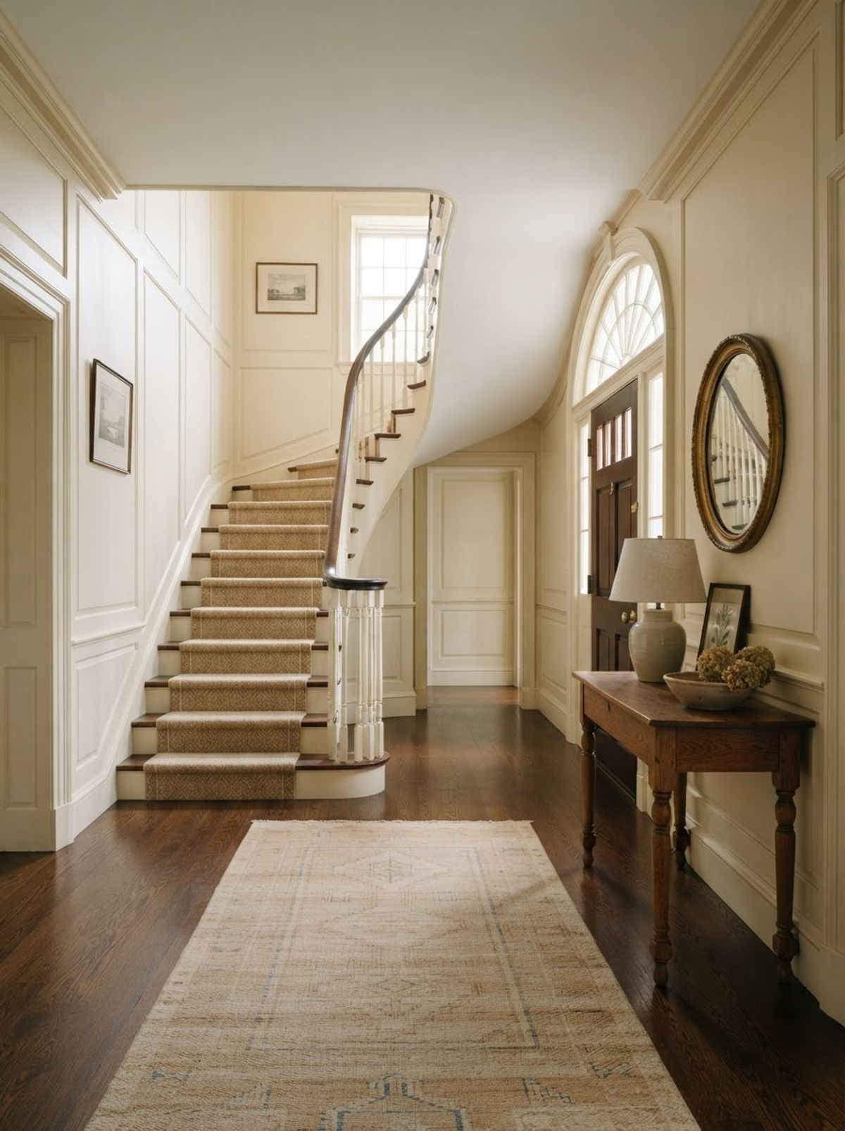 Entry hall with painted paneling and a curved staircase