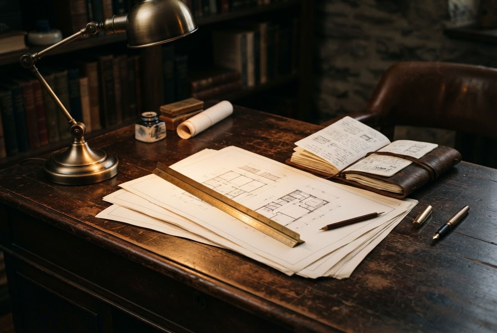 Warm study desk with architectural drawings and a brass ruler