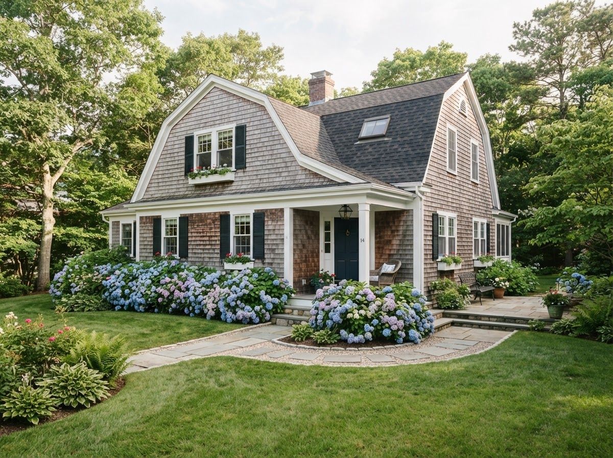 Shingled New England house with hydrangeas in full bloom