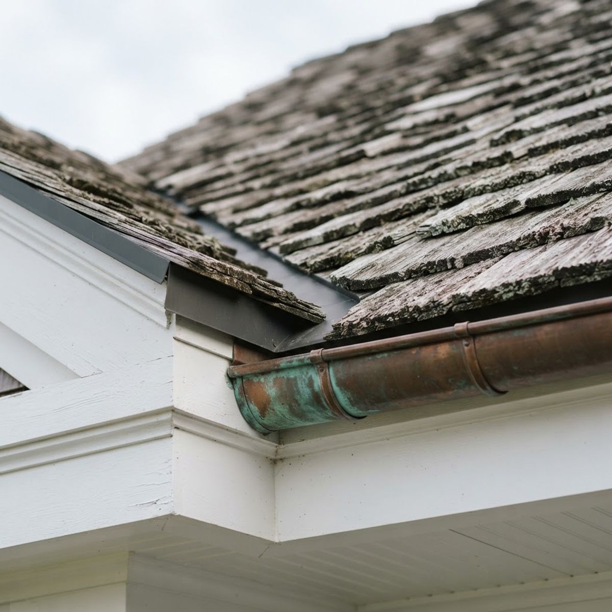Cedar shingle roof meeting a copper gutter and painted white trim