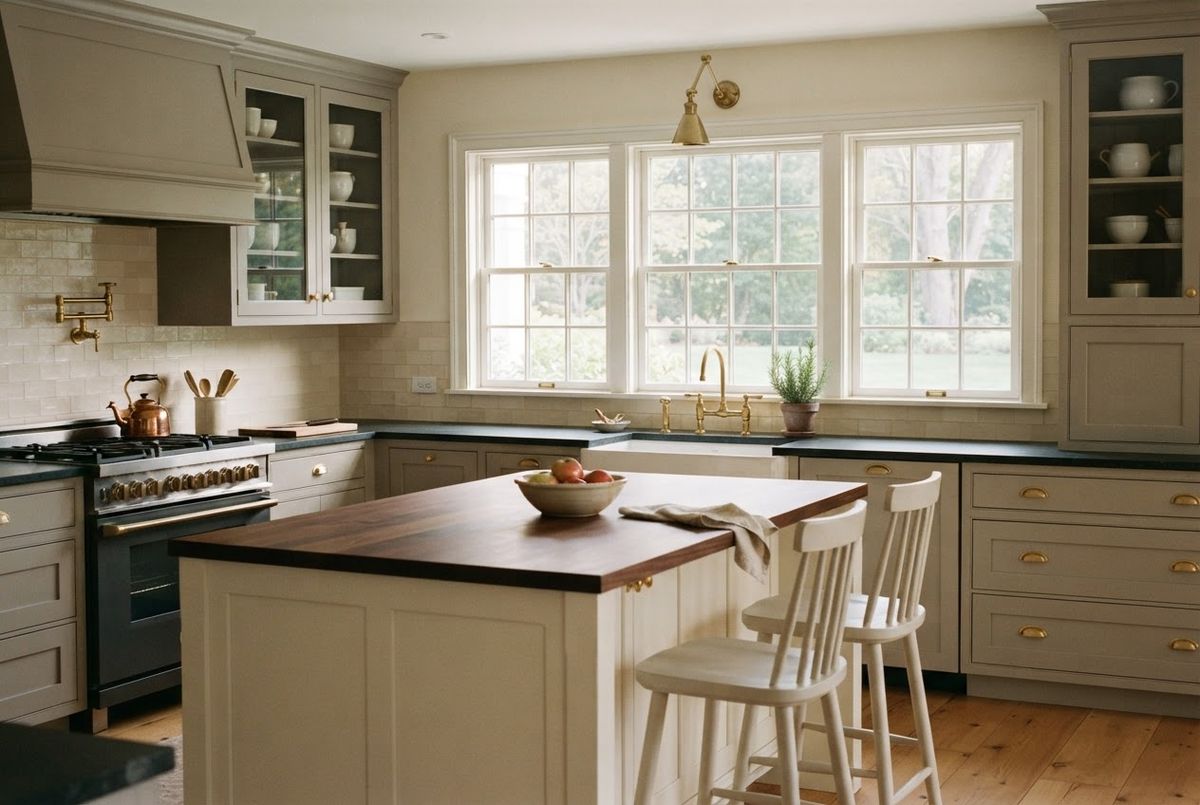 Quiet kitchen with painted cabinetry and unlacquered brass fixtures