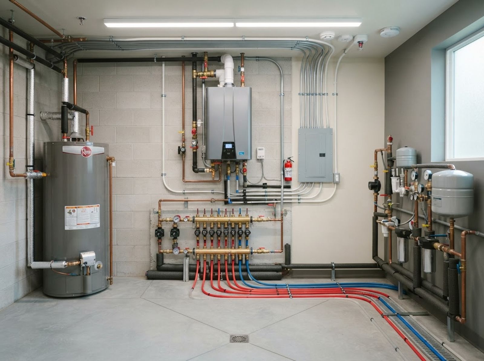Immaculate home mechanical room with labeled boiler and tidy piping