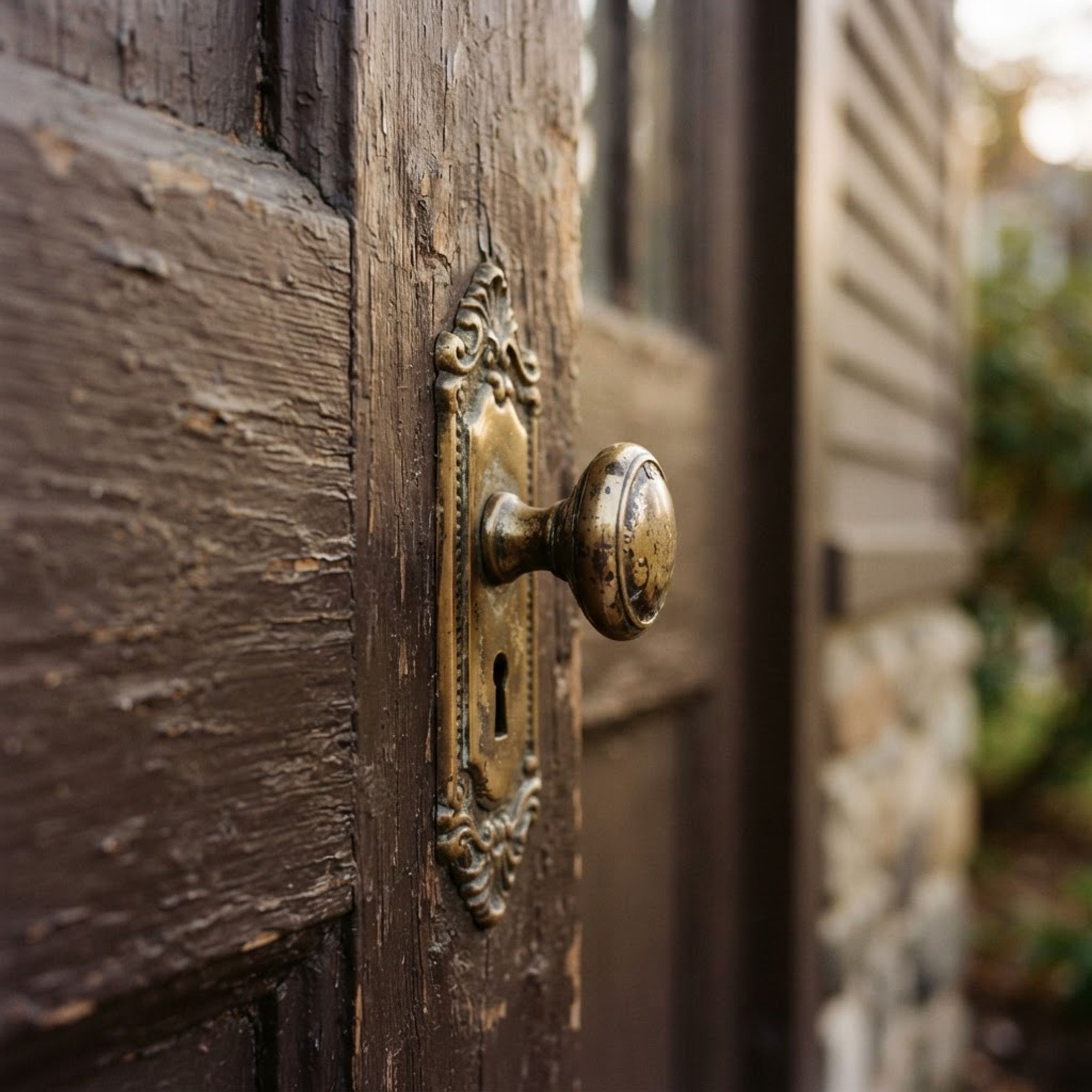 Antique brass door handle on a historic painted door