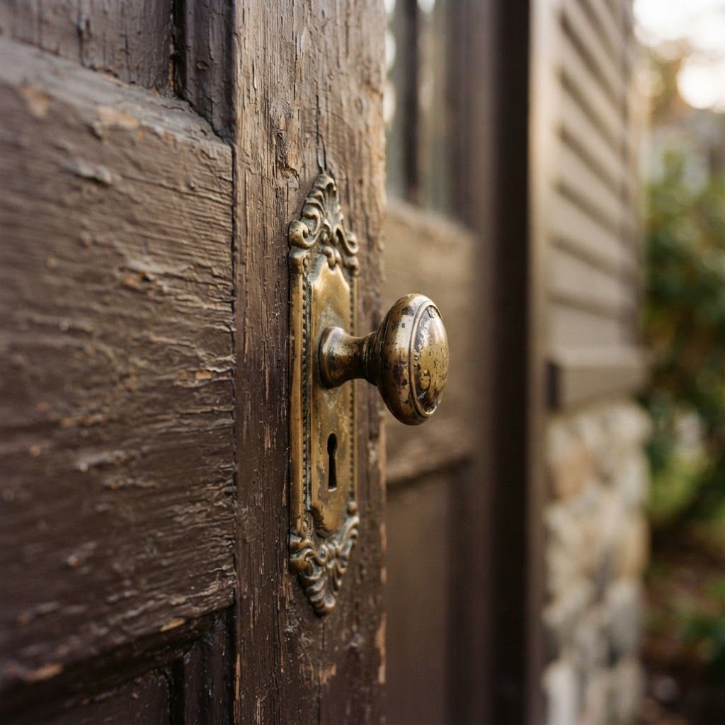 Antique brass door handle on a historic painted door
