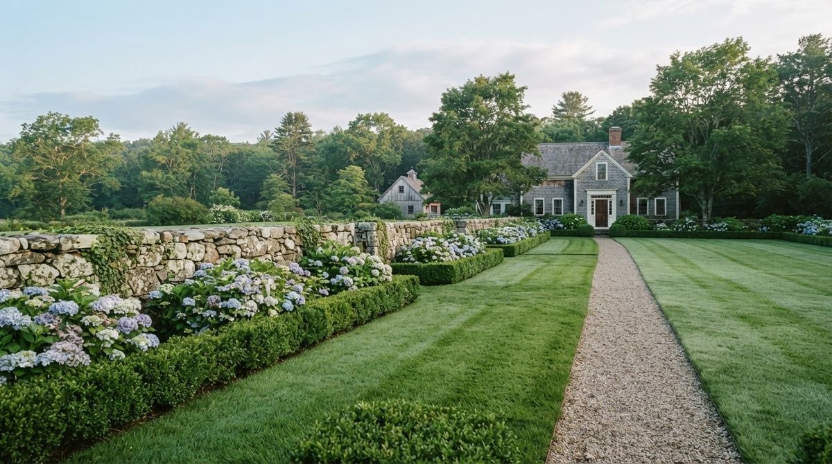 Clipped boxwood hedges and stone wall on a maintained New England property
