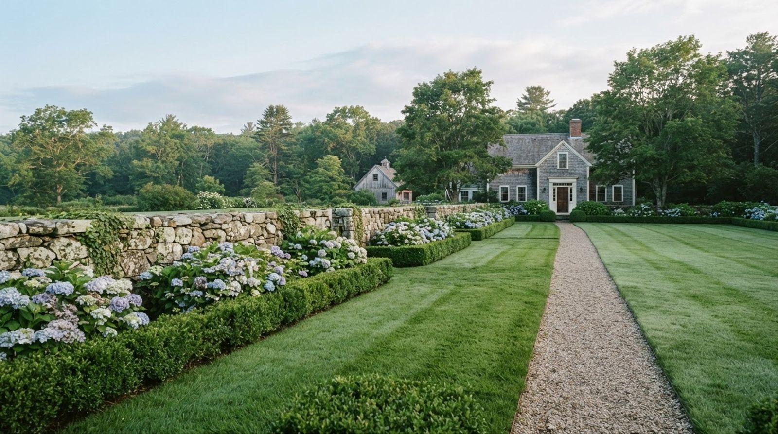 Immaculately maintained grounds with clipped hedges and stone wall