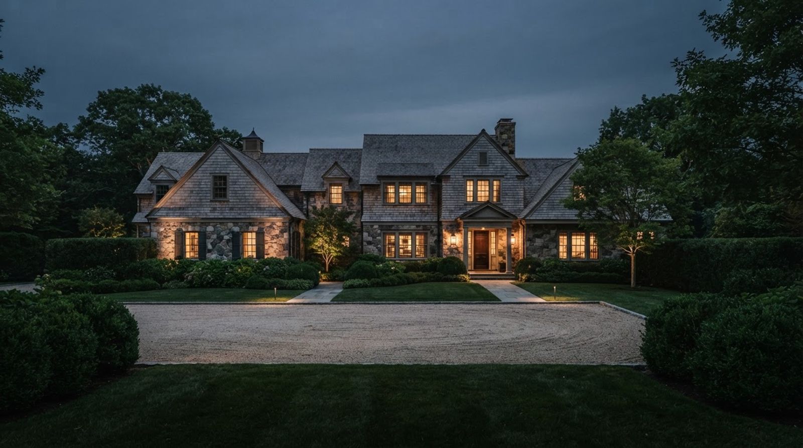 New England shingle-style estate at dusk with lit windows
