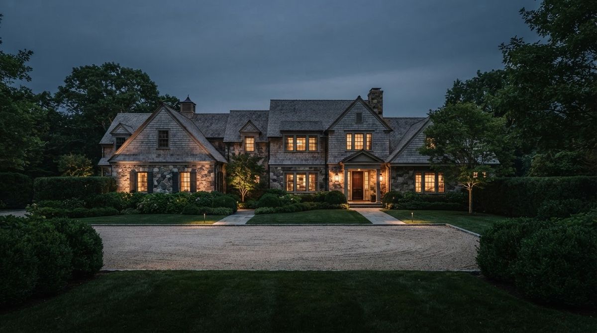 Stone and shingle New England estate at blue hour