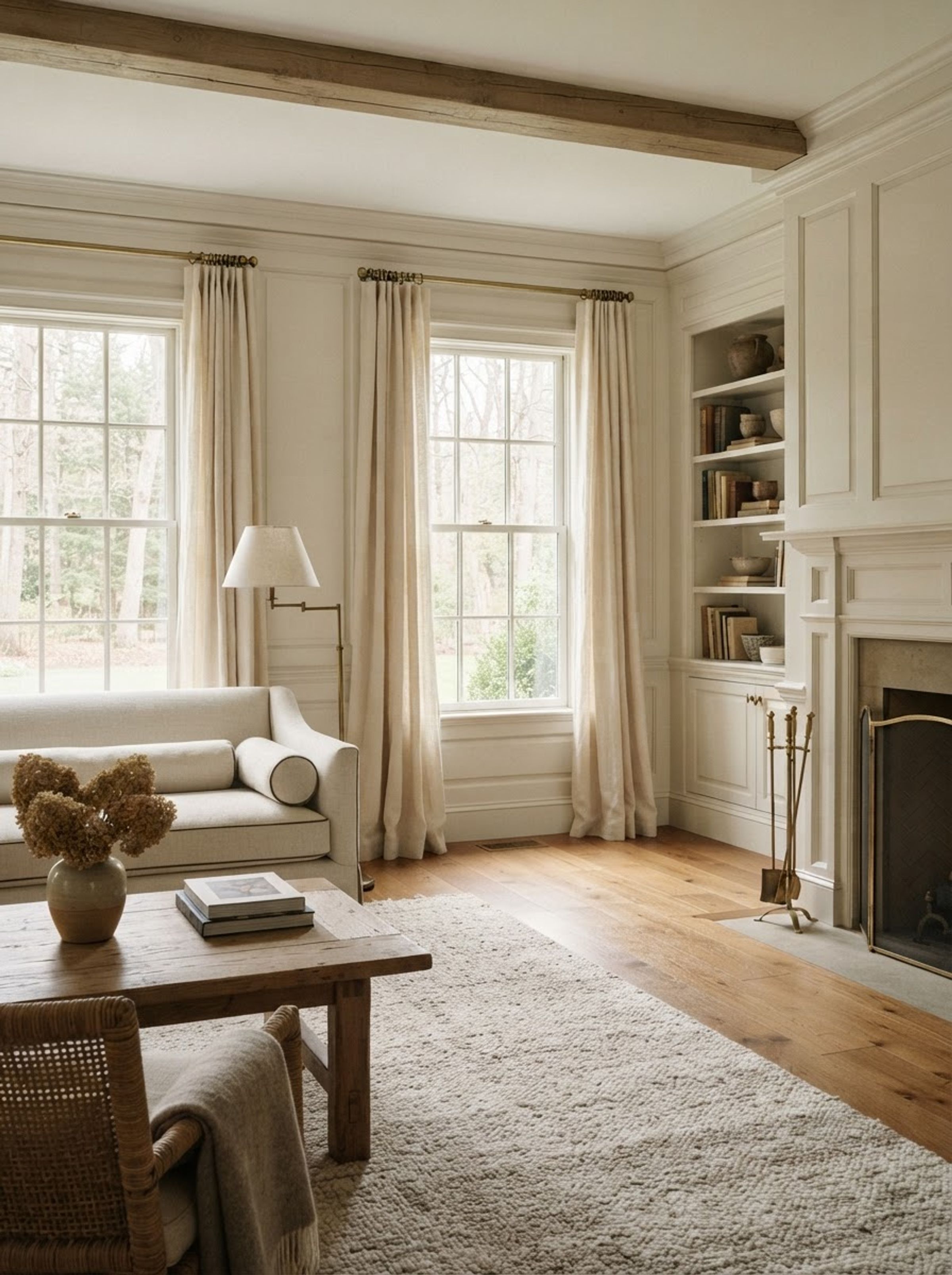 Quiet paneled interior with warm oak floors and soft window light