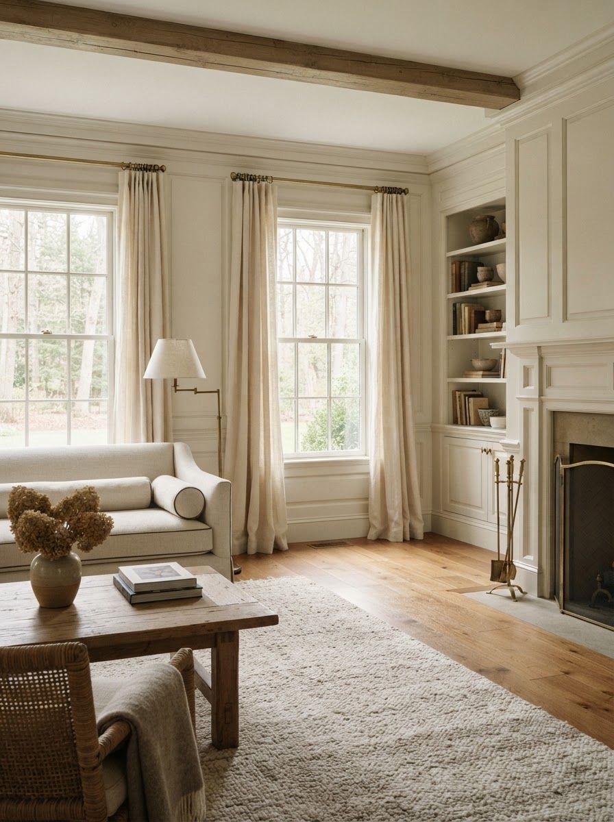 Quiet paneled interior with warm oak floors and soft window light