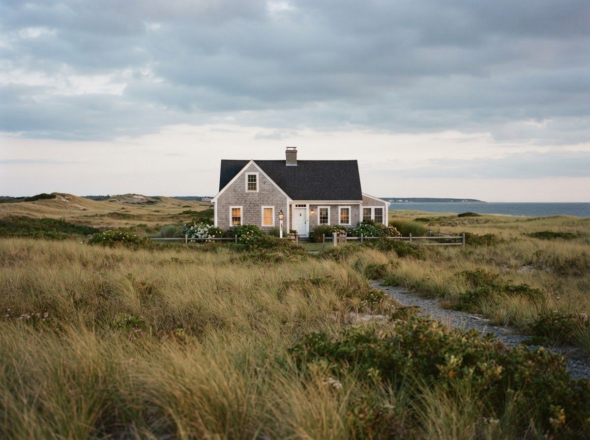 Grey-shingled Cape Cod home beyond dune grass