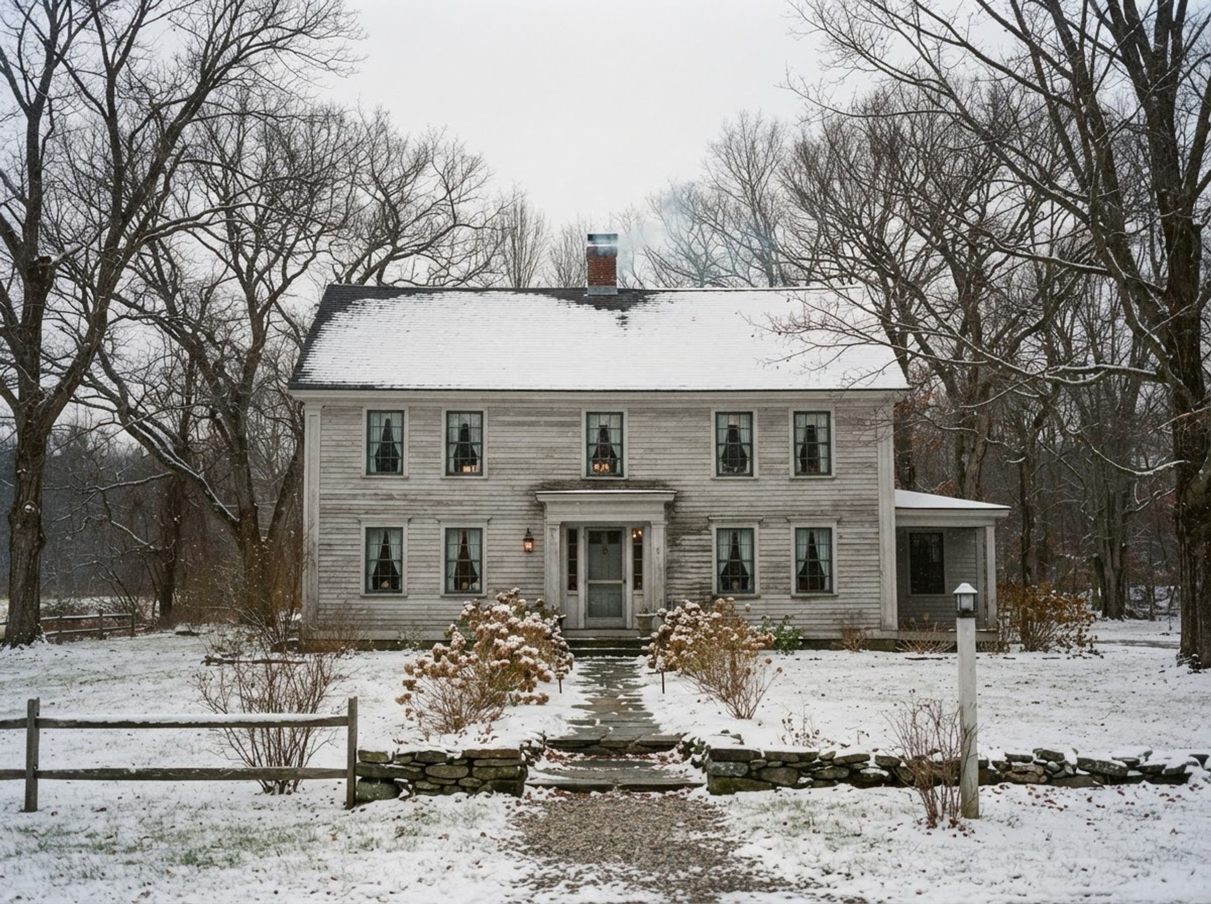 New England clapboard home in light winter snow