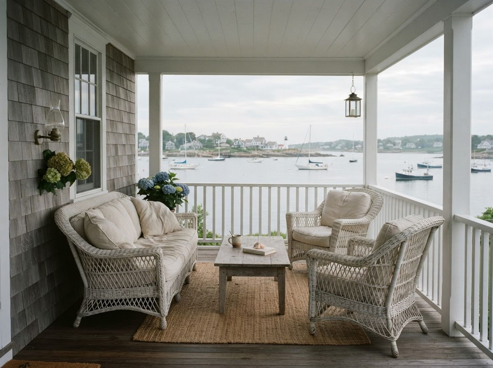 Covered porch of a Cape Cod house looking out to a calm harbor