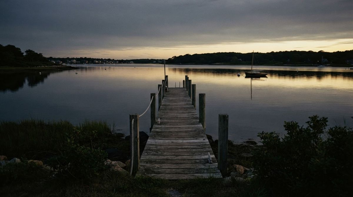 Private wooden dock extending into a calm Cape Cod harbor at dusk