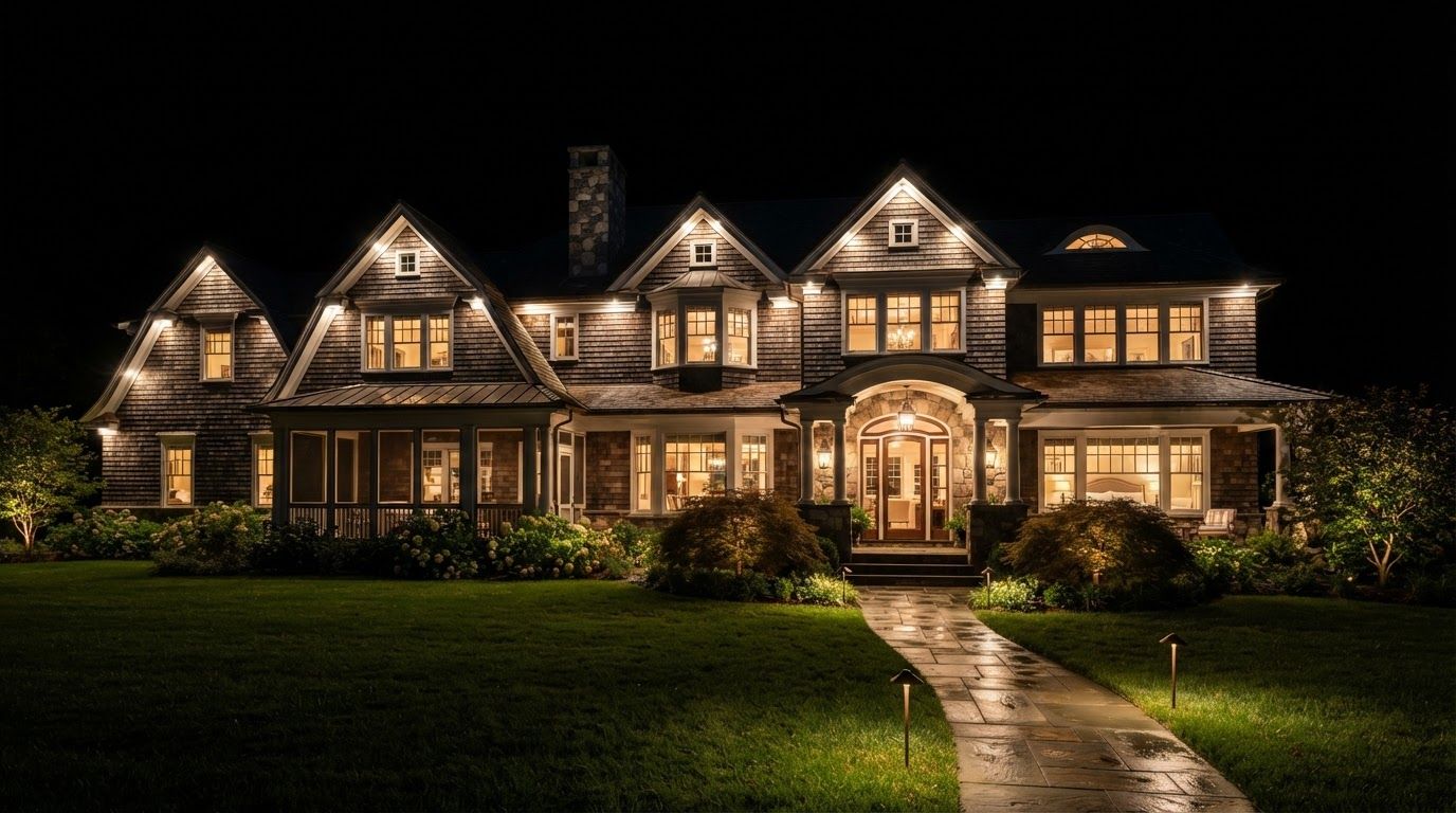 The Managed Home property at night, shingle house with uplighting